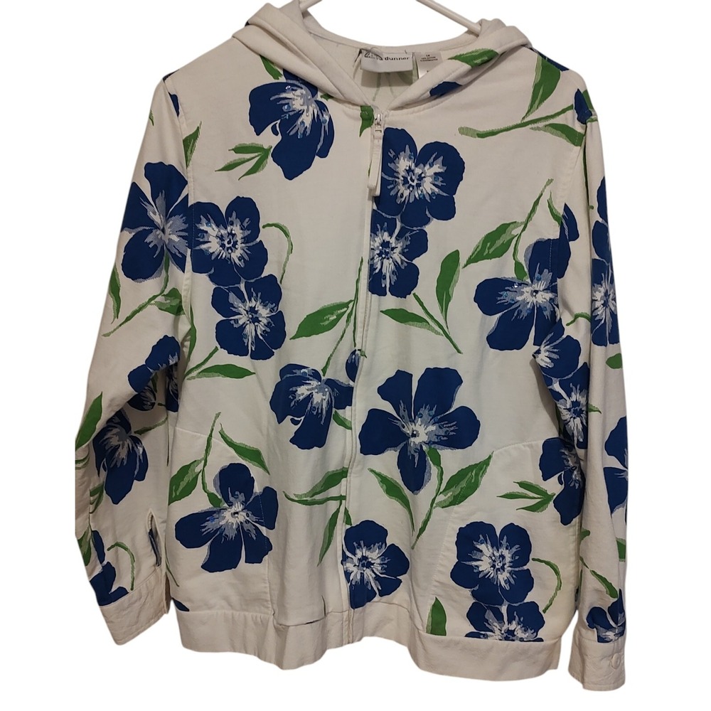 Alfred Dunner Cotton Hoodie Floral Sweatshirt Front Zip Womens Size 14 White SEE